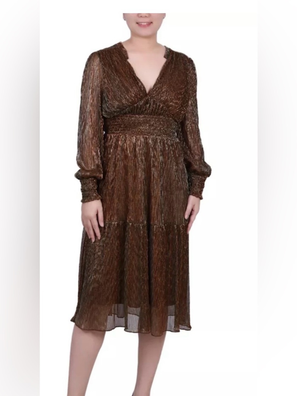 NWT NY Collection Women's Bronze Metallic Long Sleeve Midi Dress
